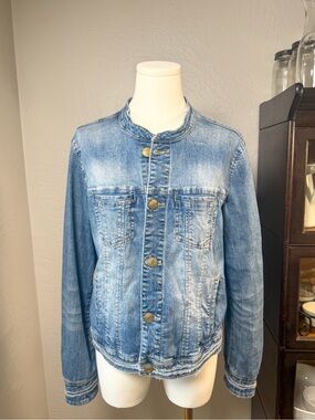 JAG Denim Jacket Distressed Collarless Jean Jacket Size M